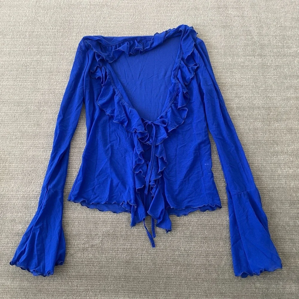 Cardigan Top Women XL Royal Blue Sheer Fairy Romantic Femme Festival Boho Ruffle